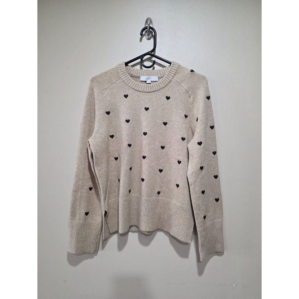 LOFT Heart Print Sweater Medium Beige Black Hearts Cozy Cottagecore Knit - Picture 2 of 8